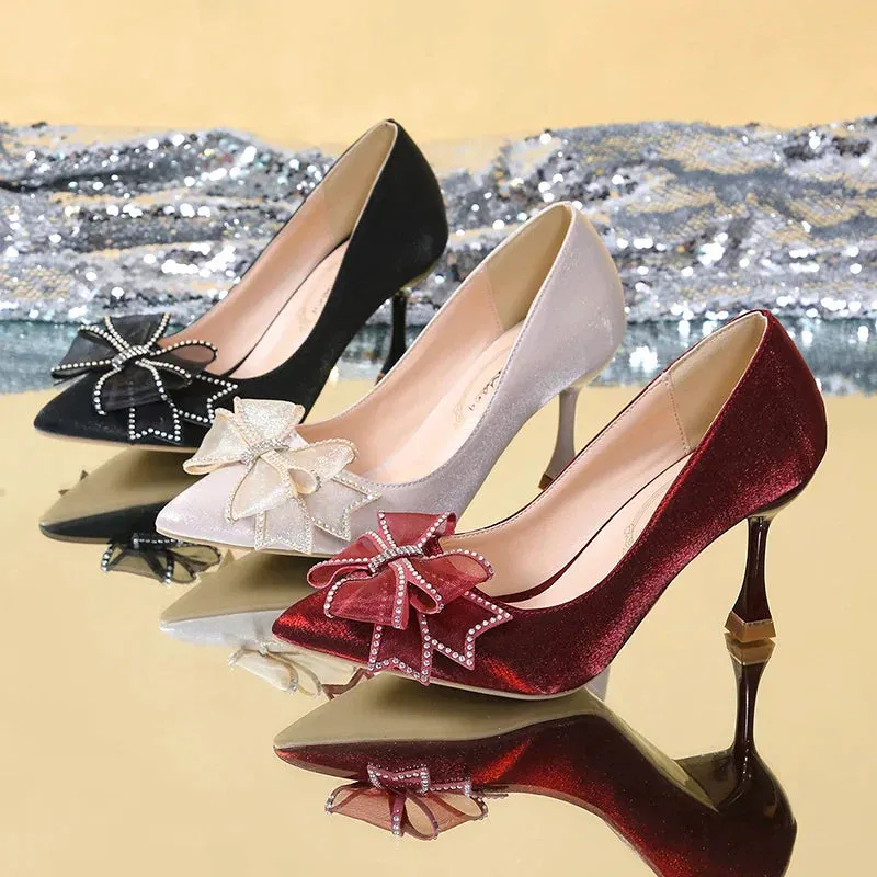 VougeVamp Rhinestone Bow Pointed Toe Stiletto Pumps – Elegant Satin Bridal & Wedding Heels