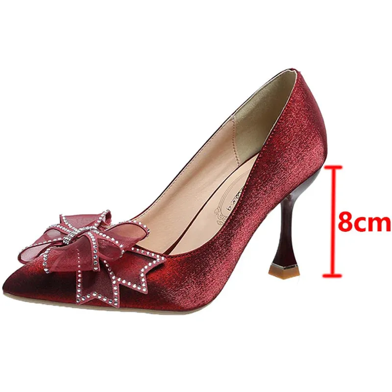 VougeVamp Rhinestone Bow Pointed Toe Stiletto Pumps – Elegant Satin Bridal & Wedding Heels