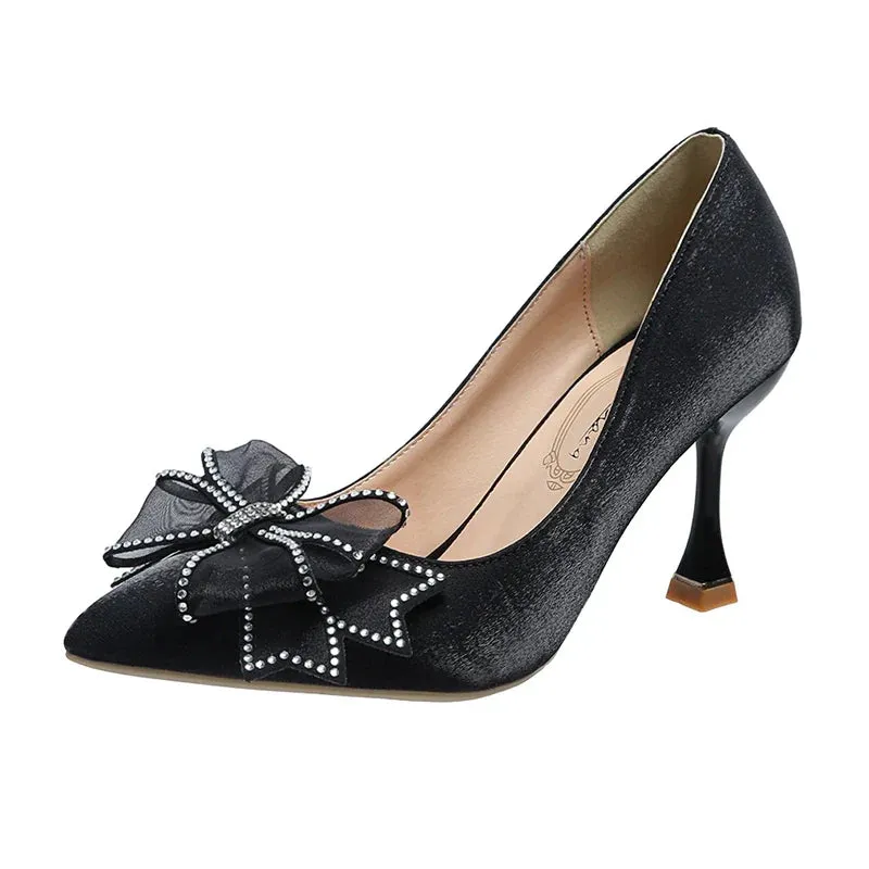 VougeVamp Rhinestone Bow Pointed Toe Stiletto Pumps – Elegant Satin Bridal & Wedding Heels