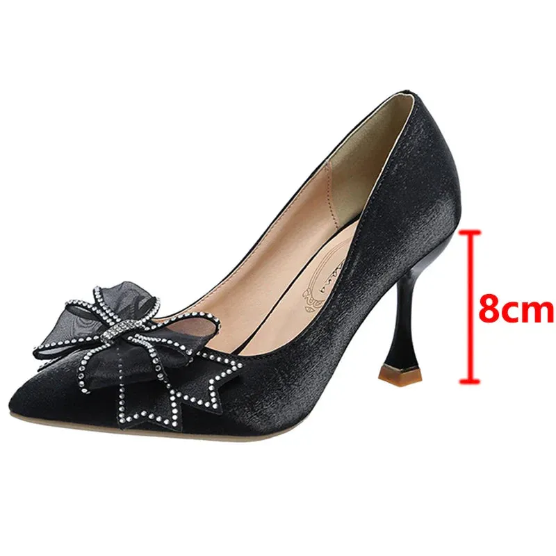 VougeVamp Rhinestone Bow Pointed Toe Stiletto Pumps – Elegant Satin Bridal & Wedding Heels