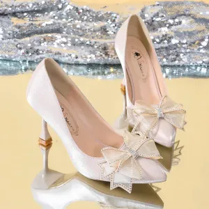 VougeVamp Rhinestone Bow Pointed Toe Stiletto Pumps – Elegant Satin Bridal & Wedding Heels