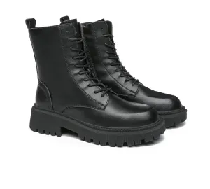 Women Boots Chunky Black Leather Lace Up Boots Cecilia