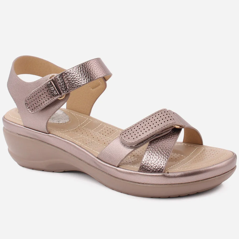 Women "SHELBY" Open Toe Crossover Velcro Toe Strap Glossy Comfort Sandals