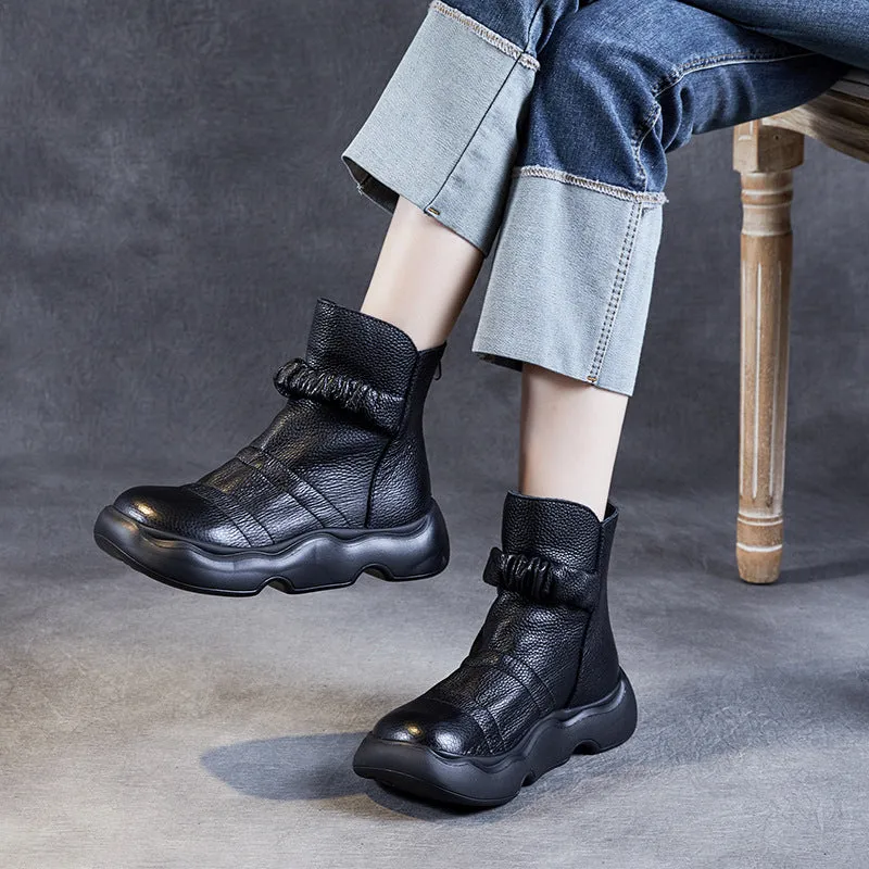 Women Retro Trendy Ruched Platform Leather Short Boots