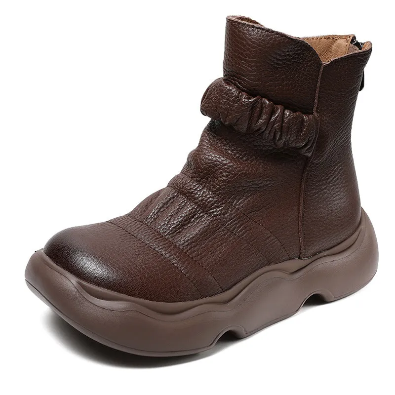 Women Retro Trendy Ruched Platform Leather Short Boots