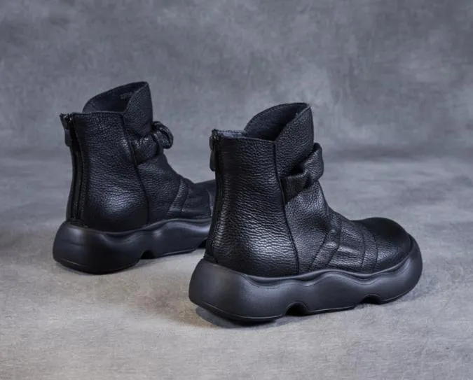 Women Retro Trendy Ruched Platform Leather Short Boots