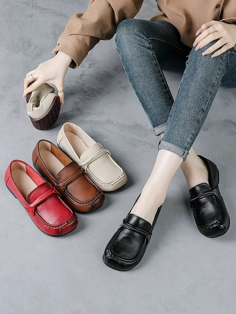 Women Spring Vintage Leather Soft Sole Loafers Slip-Ons Shoes
