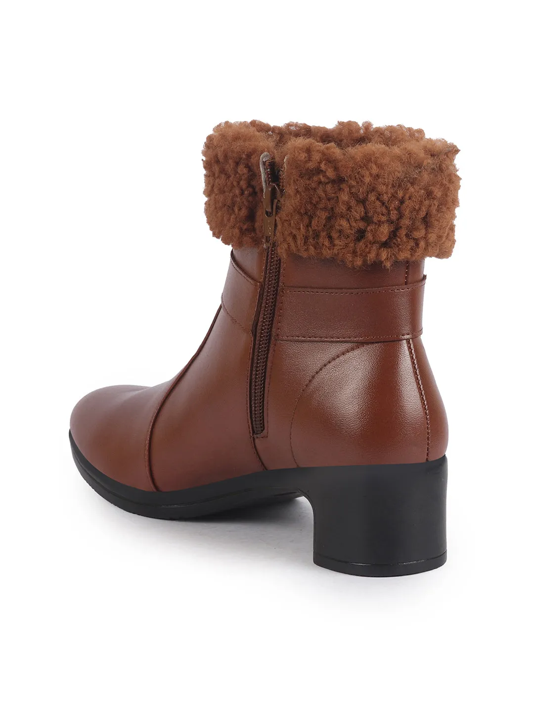 Women Tan Flared Heel High Ankle Classic Winter Buckle Strap Side Zipper Fur Boots|Work Boot|Western Dress Boots