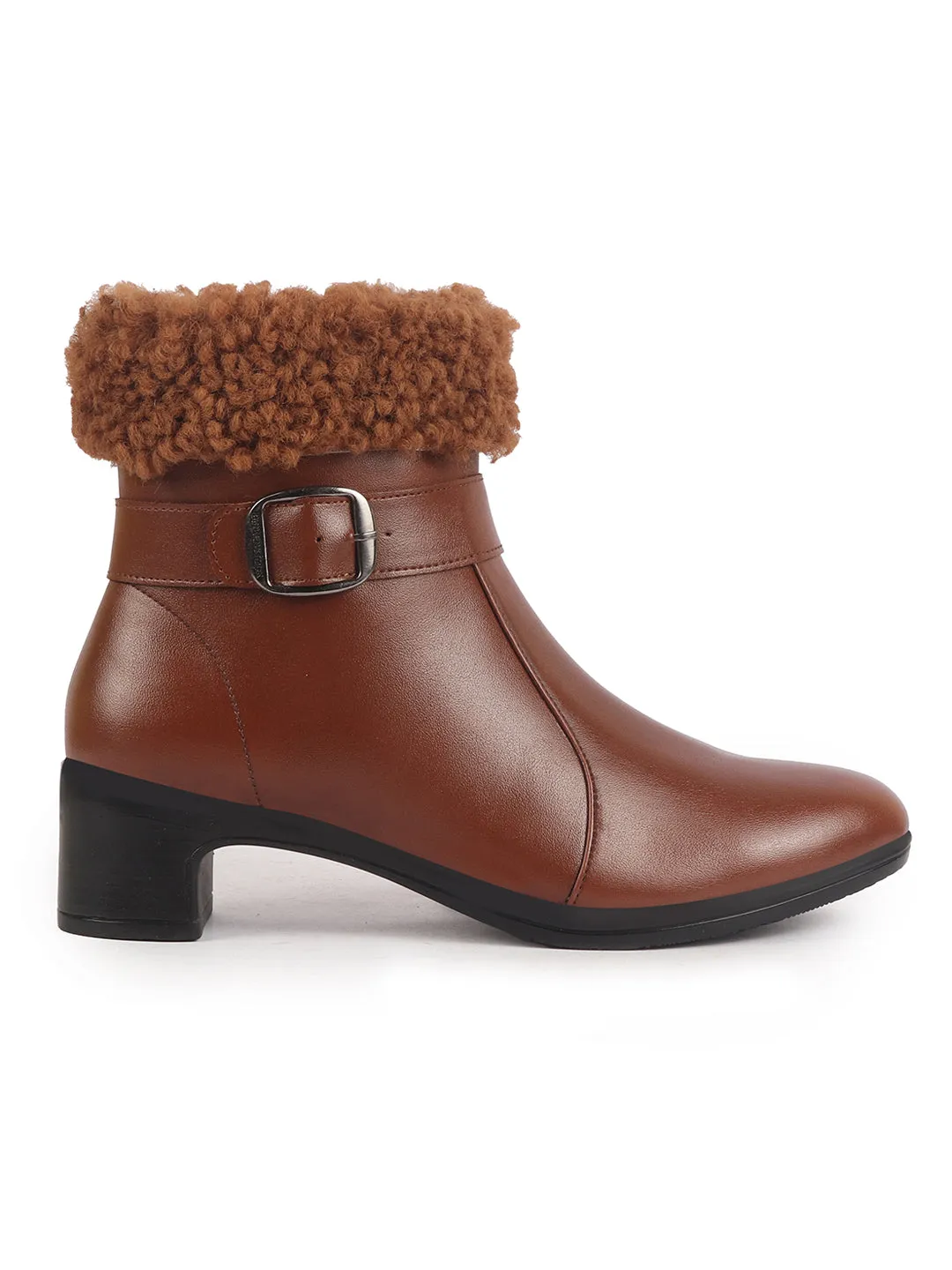 Women Tan Flared Heel High Ankle Classic Winter Buckle Strap Side Zipper Fur Boots|Work Boot|Western Dress Boots