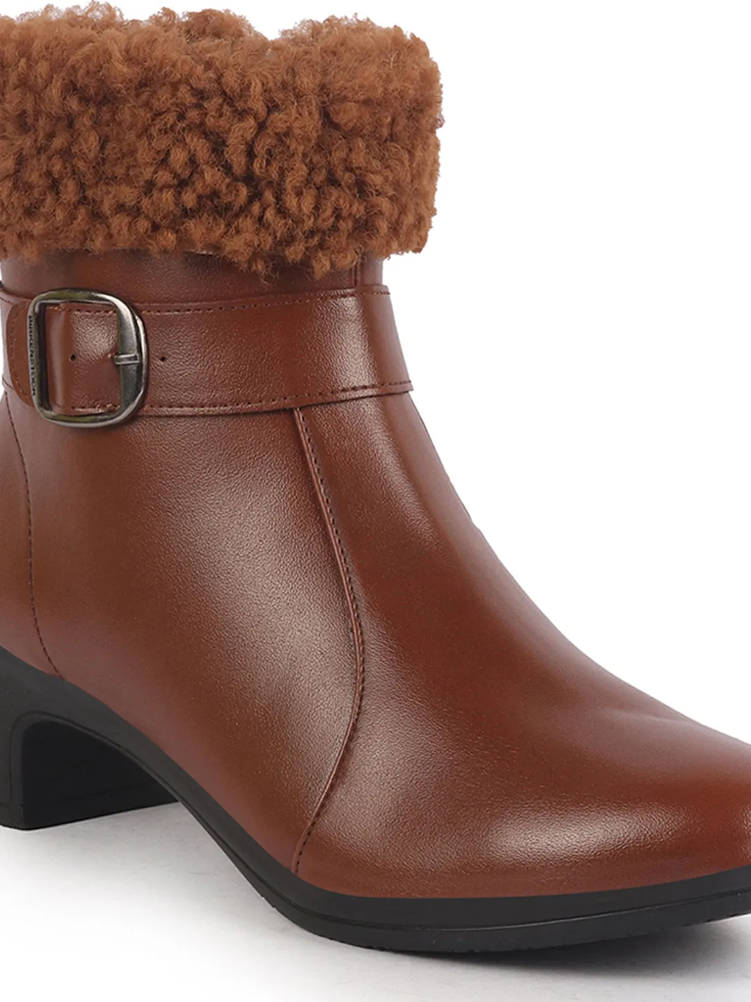 Women Tan Flared Heel High Ankle Classic Winter Buckle Strap Side Zipper Fur Boots|Work Boot|Western Dress Boots