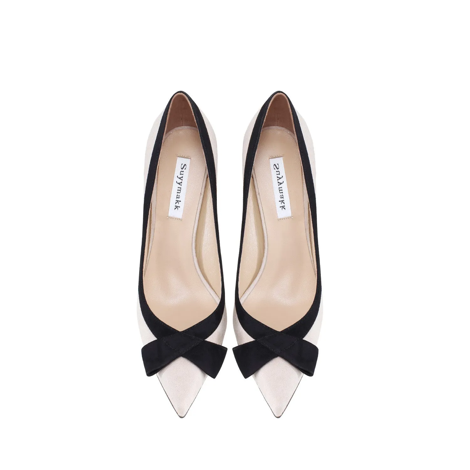 Women's Genuine Leather Apricot Bow Suede High Heels