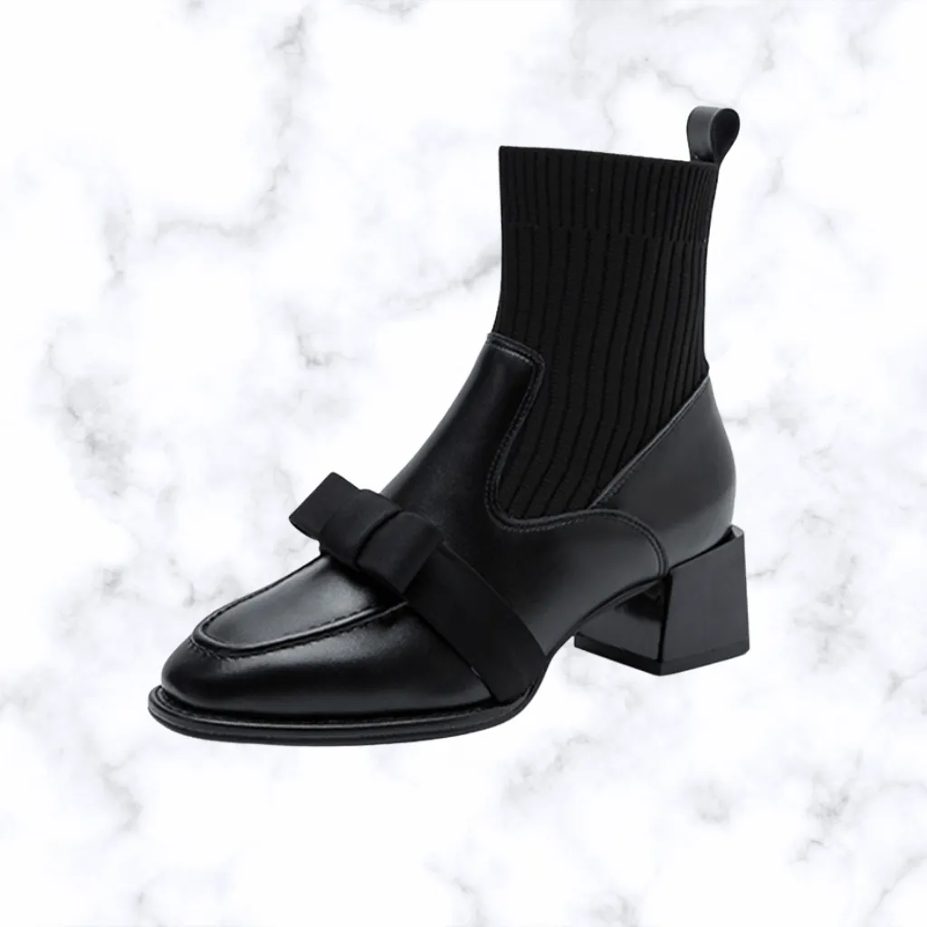 Women's Handmade Bow Mid-Calf Ankle Boots, Chunky Heel Sock Boots, Gothic Trend Designer Shoes