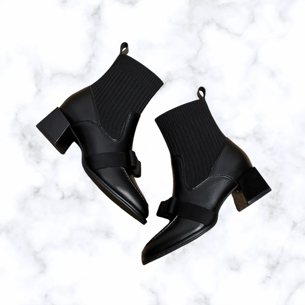 Women's Handmade Bow Mid-Calf Ankle Boots, Chunky Heel Sock Boots, Gothic Trend Designer Shoes