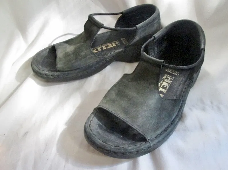 Womens HELIX GERMANY Magic Point Leather Shoes Open Toe Sandals 36 BLACK Hippie
