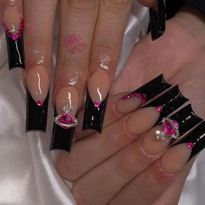 Women's Long French Nail Casket Shaped Nail Set with Rhinestones