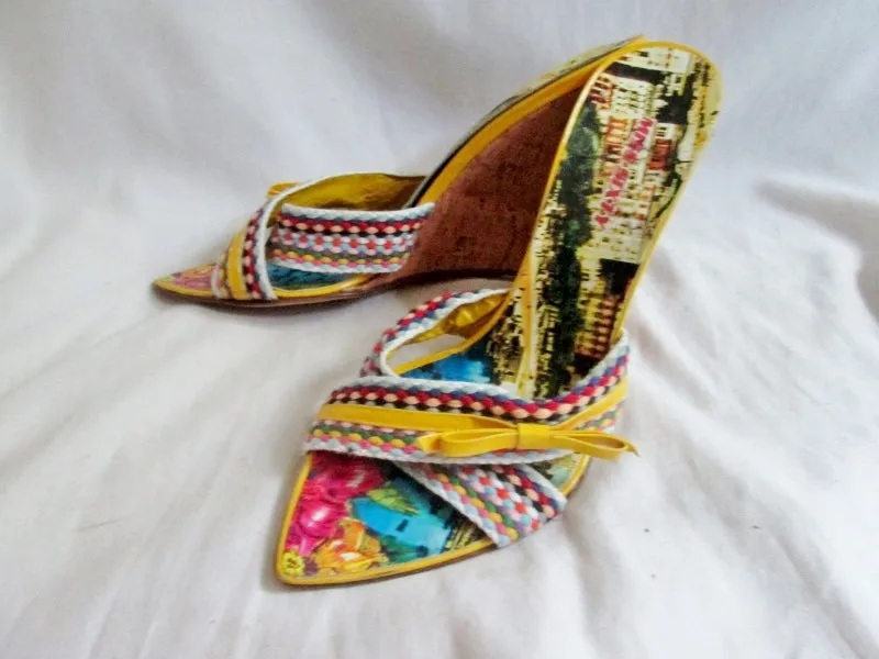 Womens MISS SIXTY ITALY Platform Wedge Leather Shoes Sandals 39 / 8.5 YELLOW Multi