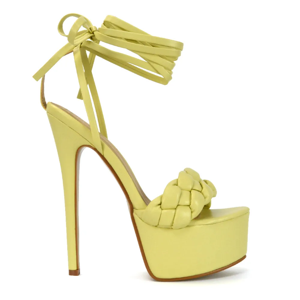 Yris Woven Strap Lace up Platform Stiletto Heel in Orange Synthetic Leather