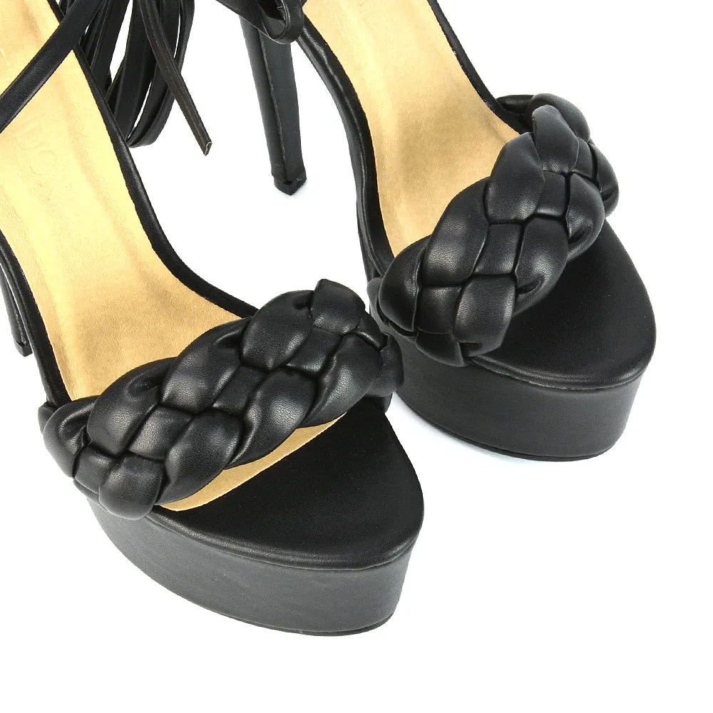 Yris Woven Strap Lace up Platform Stiletto Heel in Orange Synthetic Leather
