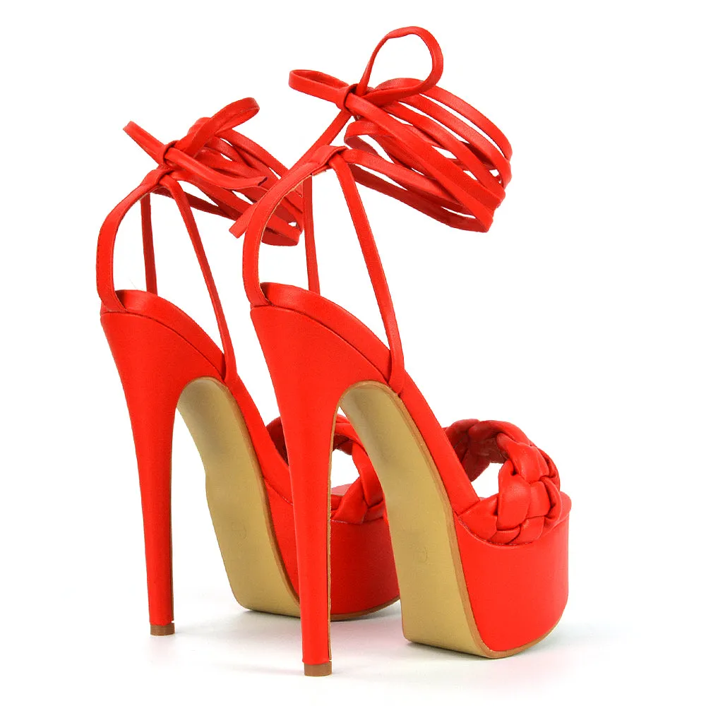 Yris Woven Strap Lace up Platform Stiletto Heel in Orange Synthetic Leather