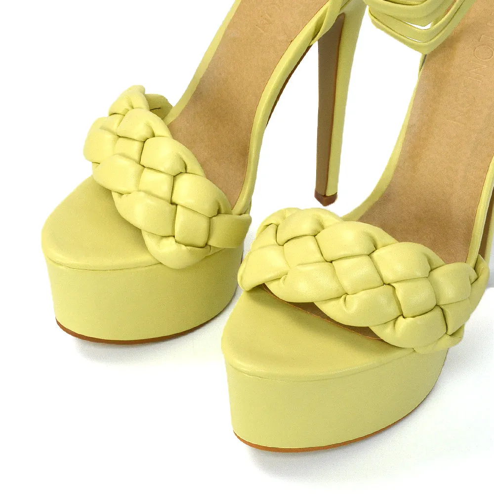 Yris Woven Strap Lace up Platform Stiletto Heel in Orange Synthetic Leather