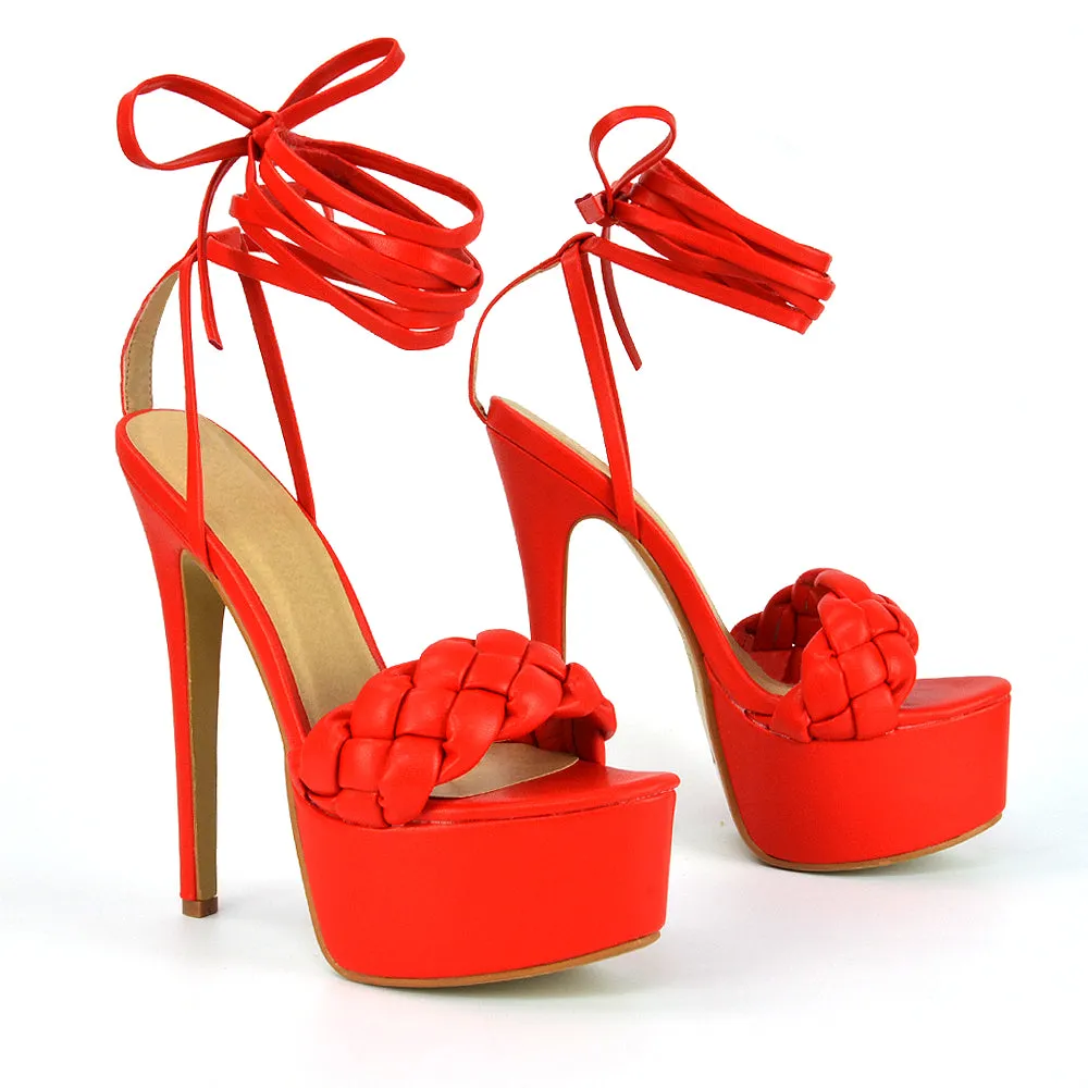 Yris Woven Strap Lace up Platform Stiletto Heel in Orange Synthetic Leather