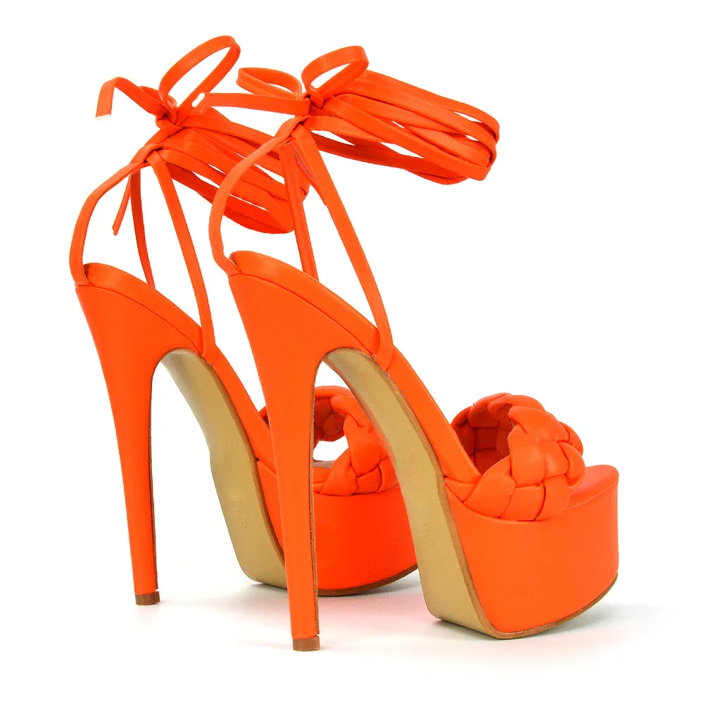 Yris Woven Strap Lace up Platform Stiletto Heel in Orange Synthetic Leather