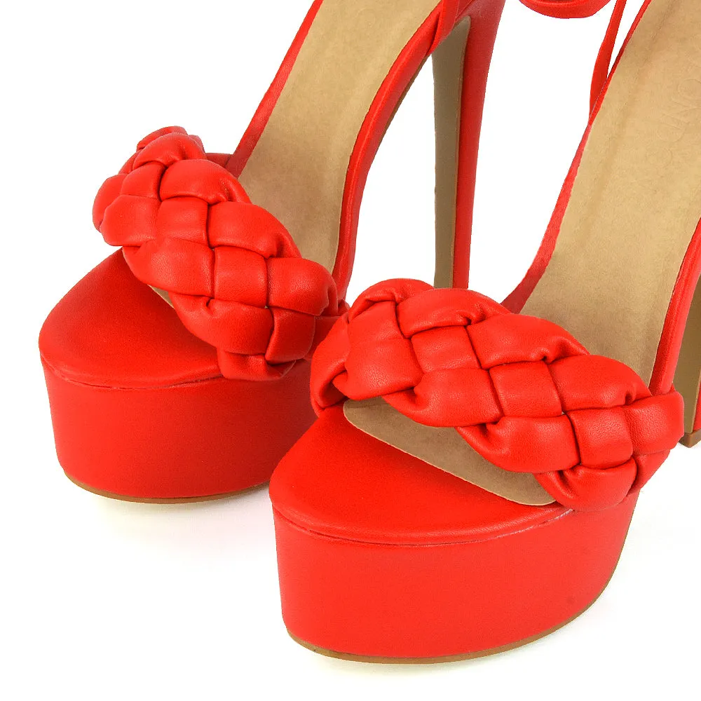 Yris Woven Strap Lace up Platform Stiletto Heel in Orange Synthetic Leather