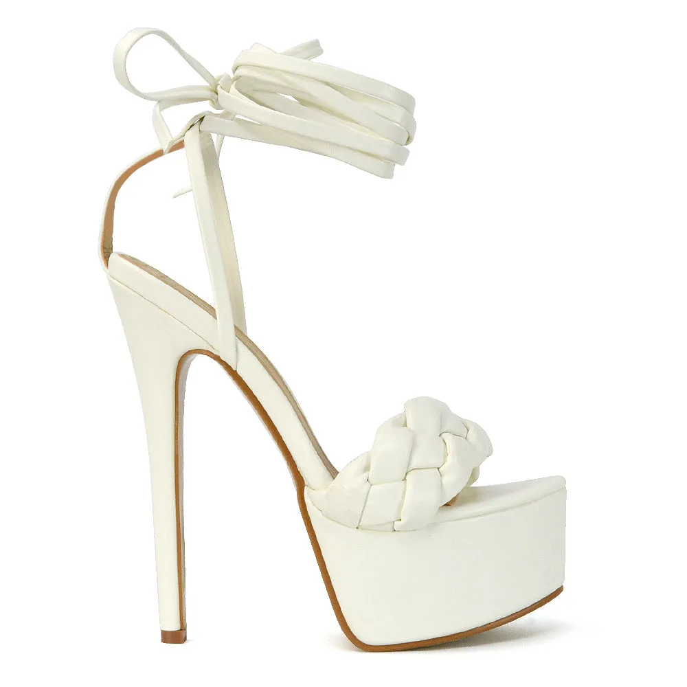 Yris Woven Strap Lace up Platform Stiletto Heel in Orange Synthetic Leather