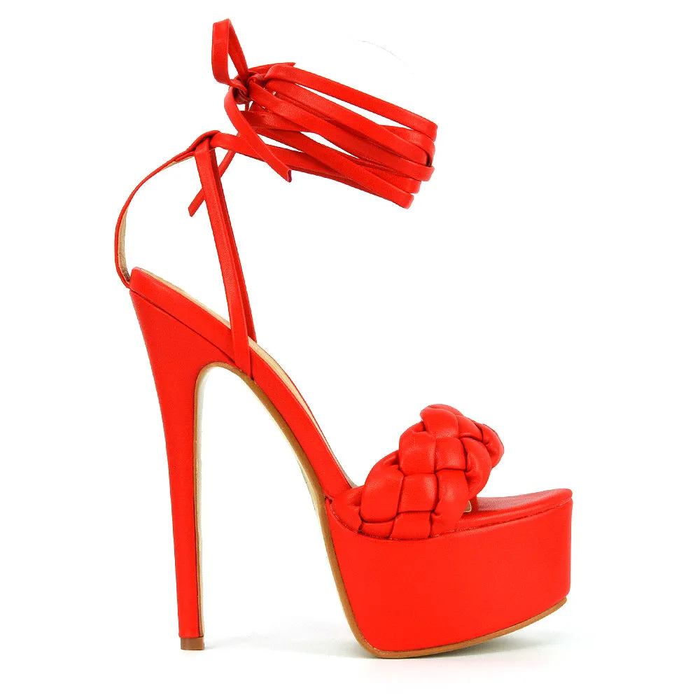 Yris Woven Strap Lace up Platform Stiletto Heel in Orange Synthetic Leather