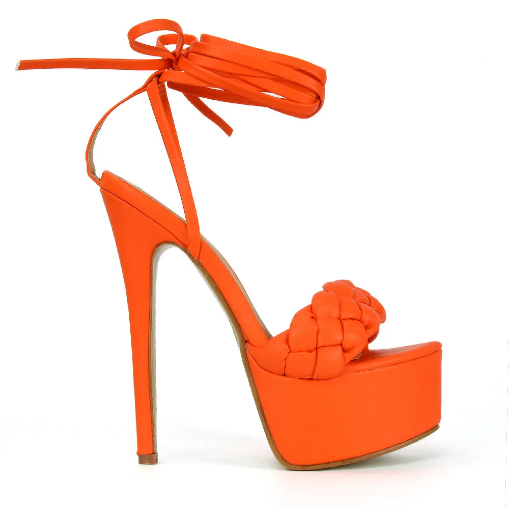 Yris Woven Strap Lace up Platform Stiletto Heel in Orange Synthetic Leather