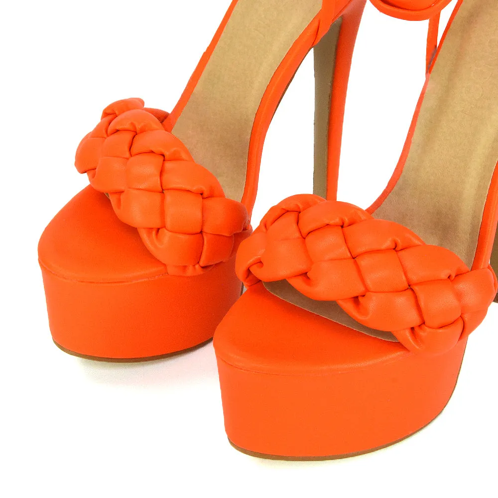 Yris Woven Strap Lace up Platform Stiletto Heel in Orange Synthetic Leather