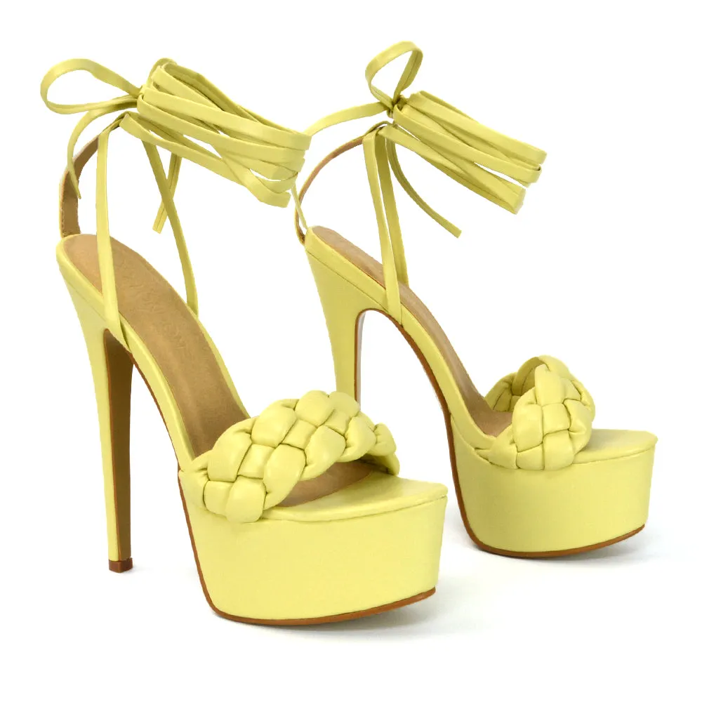 Yris Woven Strap Lace up Platform Stiletto Heel in Orange Synthetic Leather